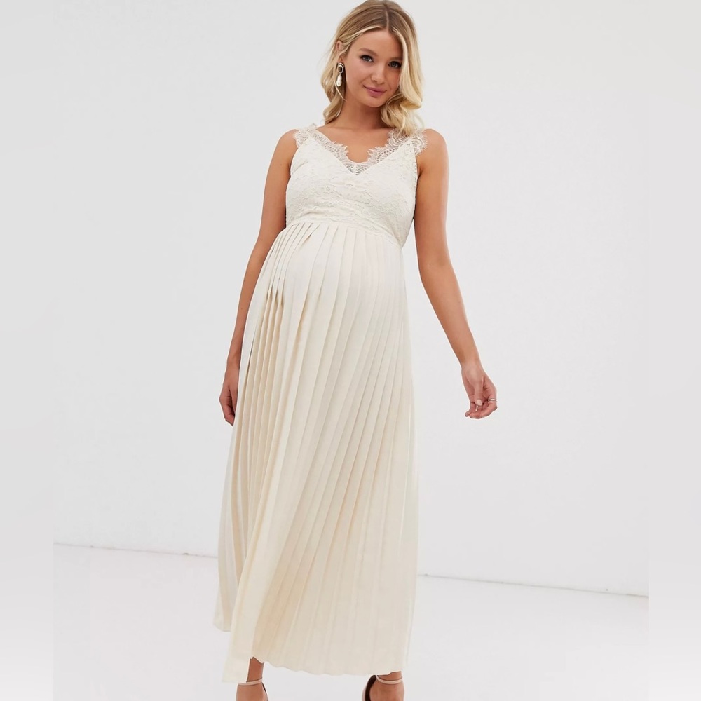 Pleated lace cream colored maternity dress